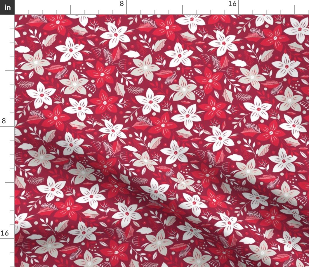 Christmas Red and Pale Silver Small Poinsettias and Mistletoe Repeat on Deep Cranberry Background Fabric Christmas Red and Pale Silver Small Poinsettias and Mistletoe Repeat on Deep Cranberry Background Fabric