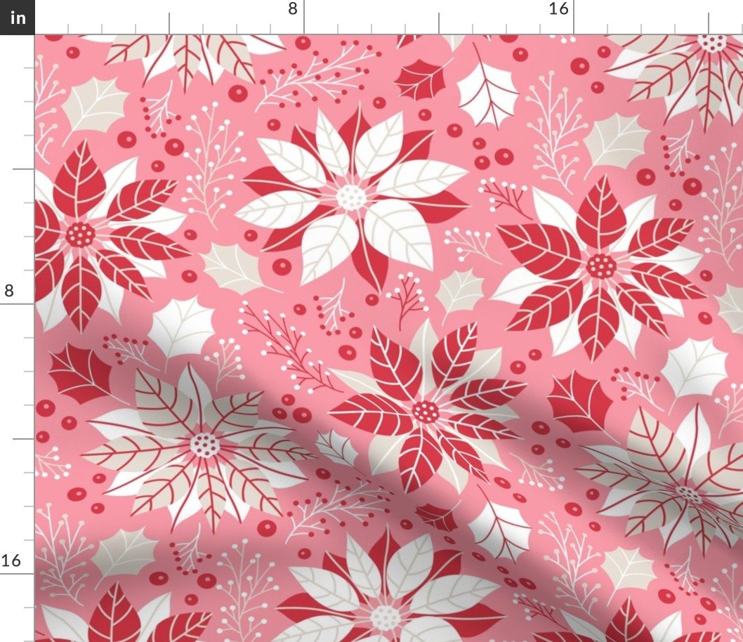 Christmas Red and Pink Jumbo Poinsettias and Mistletoe Repeat on Bright Pink Background Fabric Christmas Red and Pink Jumbo Poinsettias and Mistletoe Repeat on Bright Pink Background Fabric