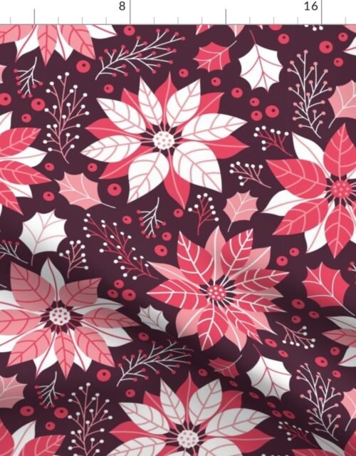Christmas Red and Pink Jumbo Poinsettias and Mistletoe Repeat on Deep Plum Background Fabric