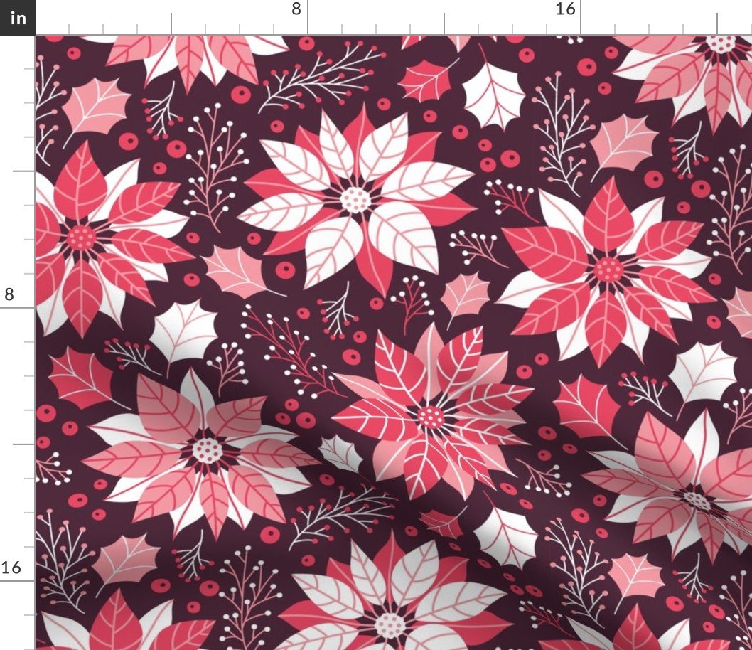 Christmas Red and Pink Jumbo Poinsettias and Mistletoe Repeat on Deep Plum Background Fabric Christmas Red and Pink Jumbo Poinsettias and Mistletoe Repeat on Deep Plum Background Fabric