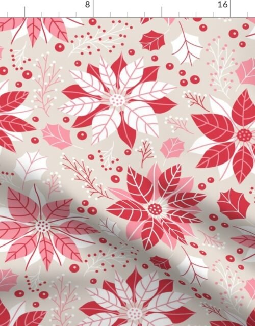 Christmas Red and Pink Poinsettias and Mistletoe Jumbo Repeat on Pale Champagne Background Fabric