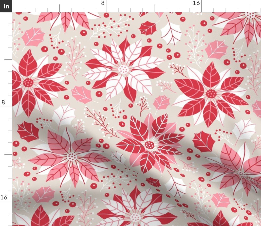 Christmas Red and Pink Poinsettias and Mistletoe Jumbo Repeat on Pale Champagne Background Fabric Christmas Red and Pink Poinsettias and Mistletoe Jumbo Repeat on Pale Champagne Background Fabric