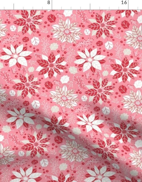 Christmas Red and Pink Small Poinsettias and Mistletoe Repeat on Bright Pink Background Fabric