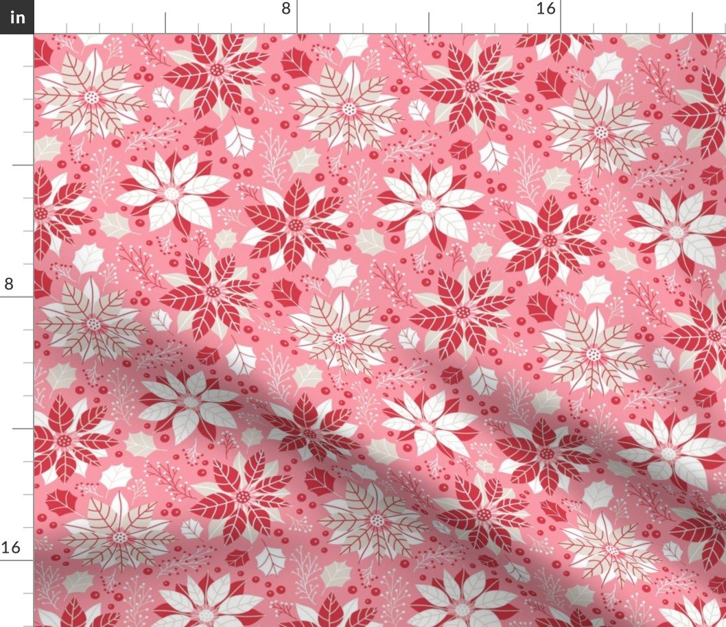 Christmas Red and Pink Small Poinsettias and Mistletoe Repeat on Bright Pink Background Fabric