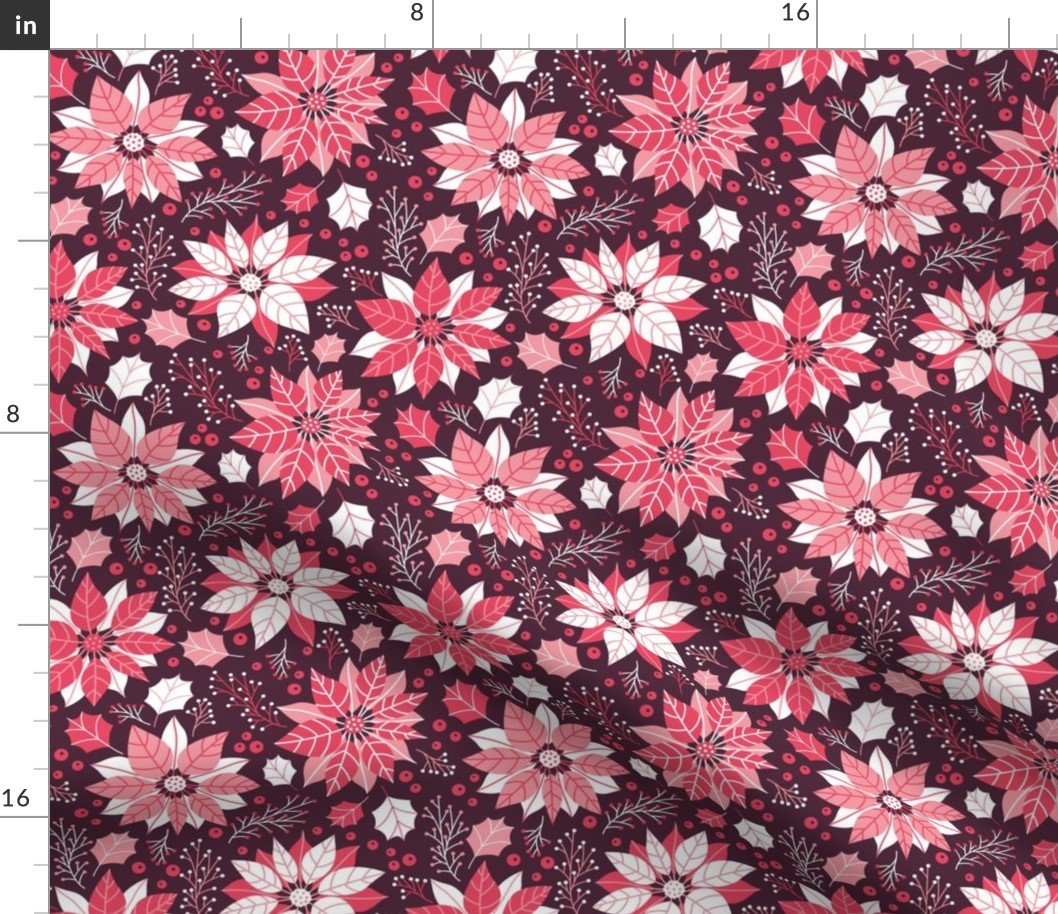Christmas Red and Pink Small Poinsettias and Mistletoe Repeat on Deep Plum Background Fabric Christmas Red and Pink Small Poinsettias and Mistletoe Repeat on Deep Plum Background Fabric