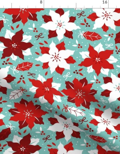 Christmas Red and White Poinsettias Jumbo Repeat on Mint Green Background Fabric