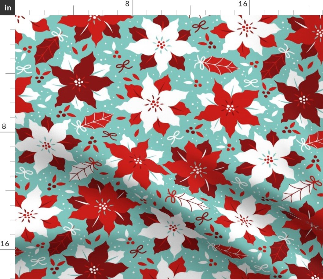 Christmas Red and White Poinsettias Jumbo Repeat on Mint Green Background Fabric Christmas Red and White Poinsettias Jumbo Repeat on Mint Green Background Fabric