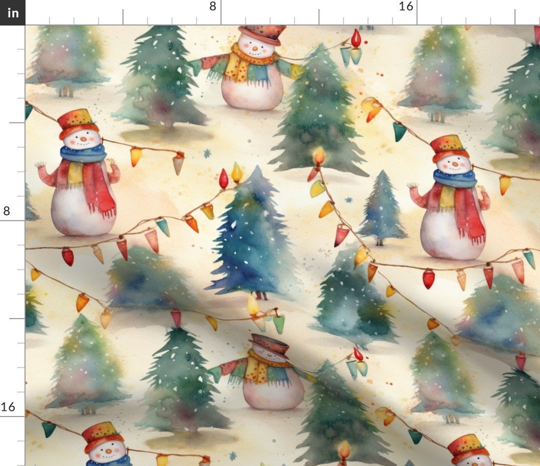 Christmas Snowmen with Christmas Lighted Trees Watercolor Fabric