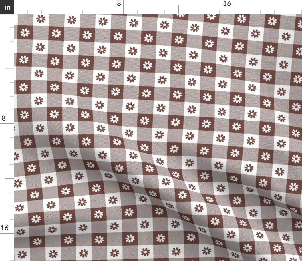 Cinnamon Brown and White Gingham Check with Center Floral Medallions in Cinnamon and White Fabric