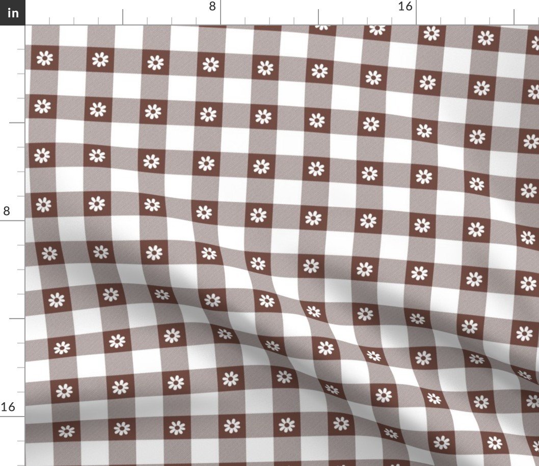 Cinnamon Brown and White Gingham Check with Center Floral Medallions in White Fabric