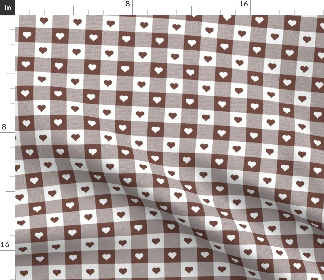 Cinnamon and White Gingham Valentines Check with Center Heart Medallions in Cinnamon and White Fabric