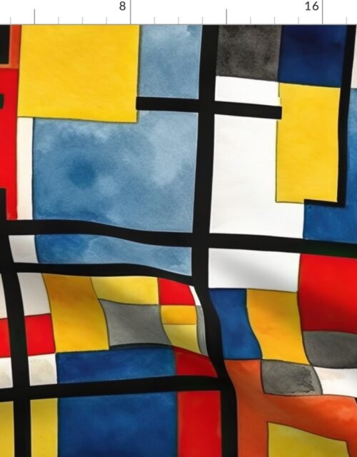 Classic De Stijl Geometric Primary Color Pattern in Watercolor Fabric