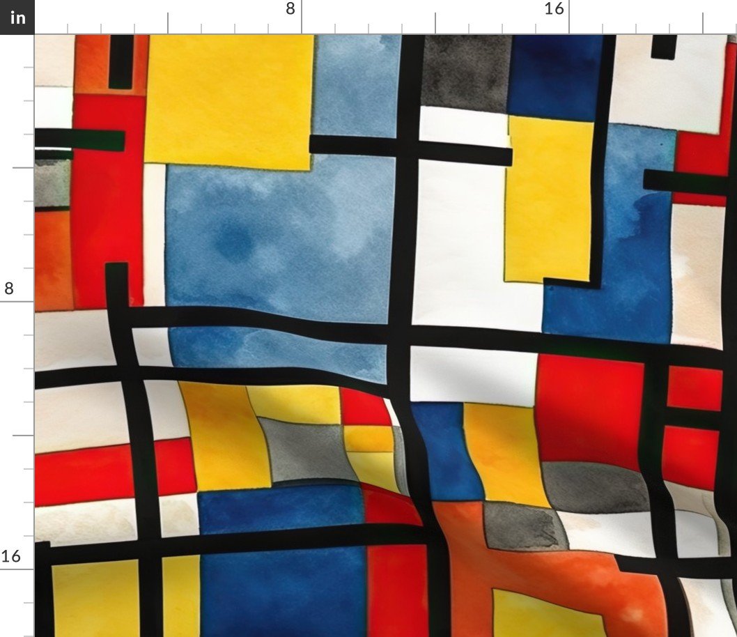 Classic De Stijl Geometric Primary Color Pattern in Watercolor Fabric
