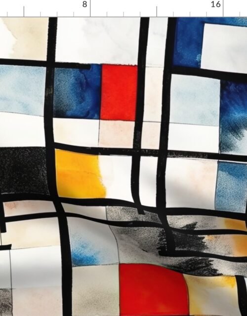 Classic De Stijl Geometric Primary Color Pattern in Watercolor Fabric