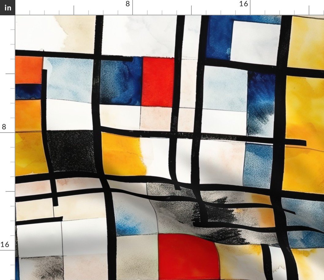 Classic De Stijl Geometric Primary Color Pattern in Watercolor Fabric
