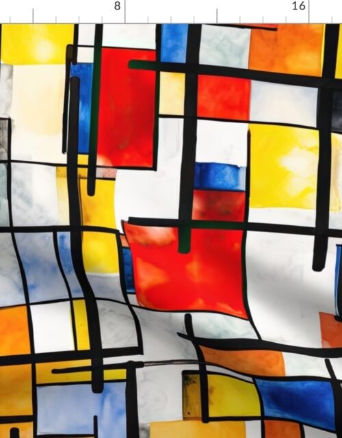 Classic De Stijl Geometric Primary Color Pattern in Watercolor Fabric