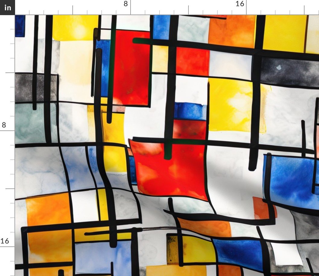 Classic De Stijl Geometric Primary Color Pattern in Watercolor Fabric