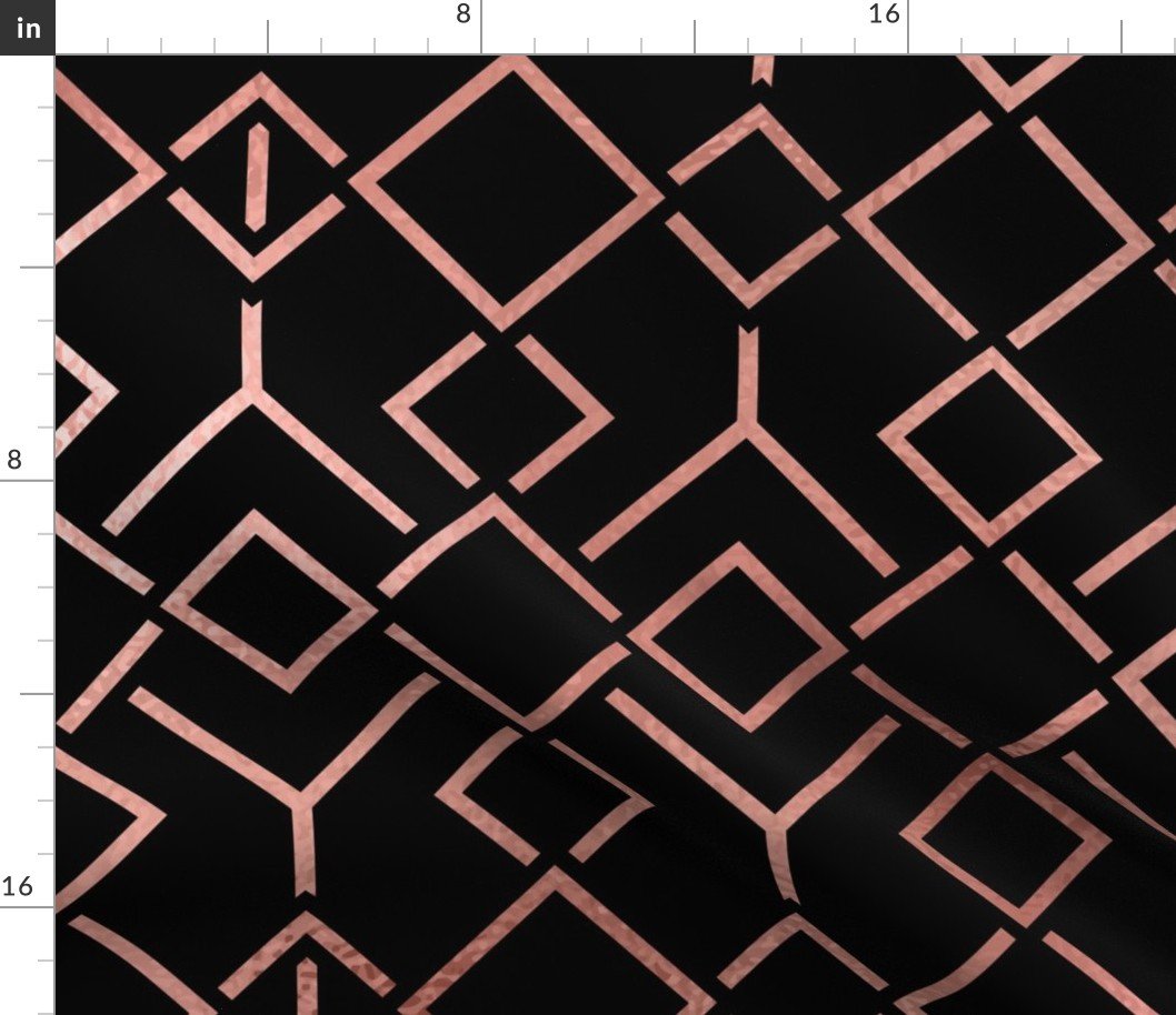 Copper Rose Gold and Black Art Deco Jumbo Geometric Locking Squares Fabric