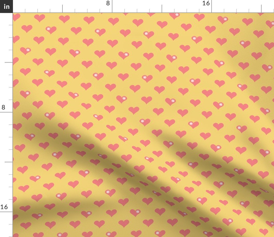 Coral Pink Aloha Love Hearts on Yellow Fabric Coral Pink Aloha Love Hearts on Yellow Fabric