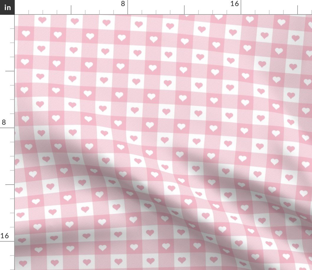 Cotton Candy and White Gingham Valentines Check with Center Heart Medallions in Cotton Candy and White Fabric