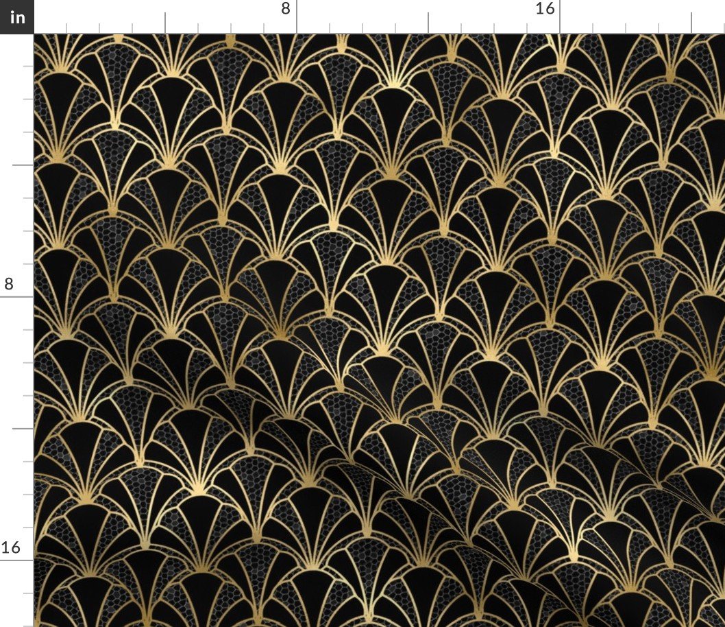 Crackled Black and Solid Black Scallop Shells in Black with Gold Art Deco Vintage Foil Pattern Fabric