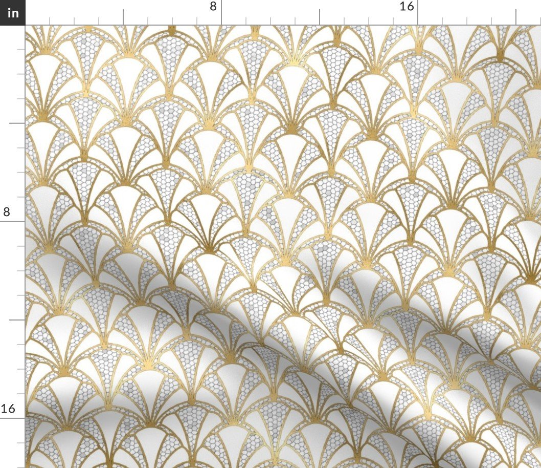 Crackled Cream Scallop Shells in Off-White with Gold Art Deco Vintage Foil Pattern Fabric Crackled Cream Scallop Shells in Off-White with Gold Art Deco Vintage Foil Pattern Fabric