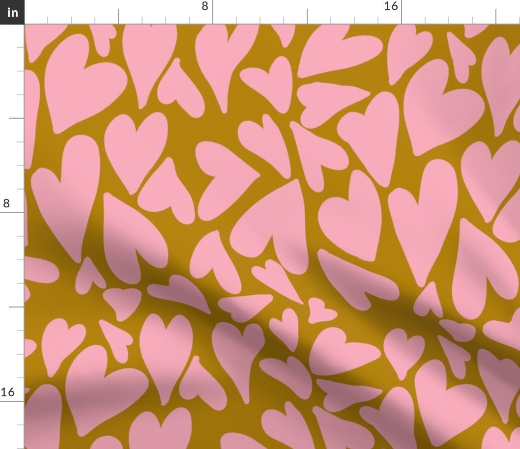 Crazy Jumbo Hearts in Pink on Ochre Fabric Crazy Jumbo Hearts in Pink on Ochre Fabric