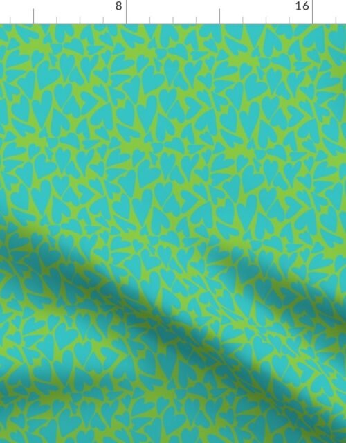 Crazy Small Hearts in Aqua on Lime Fabric