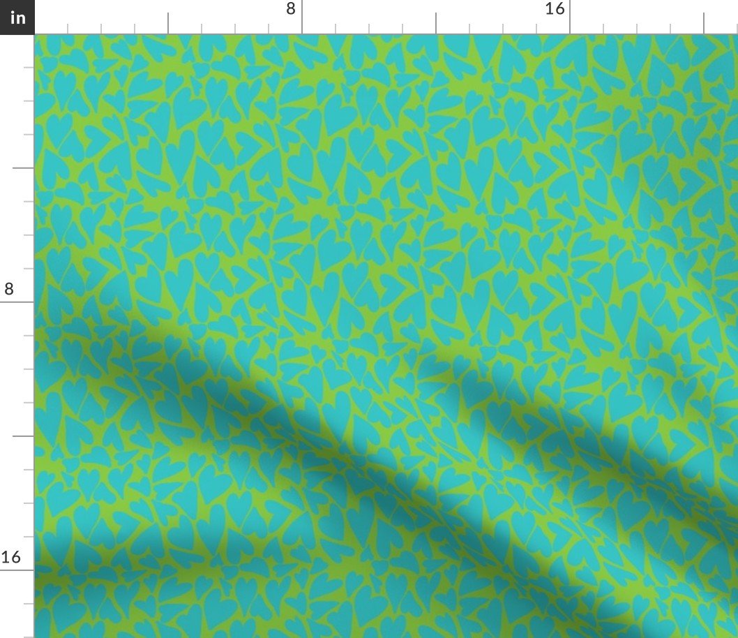 Crazy Small Hearts in Aqua on Lime Fabric Crazy Small Hearts in Aqua on Lime Fabric