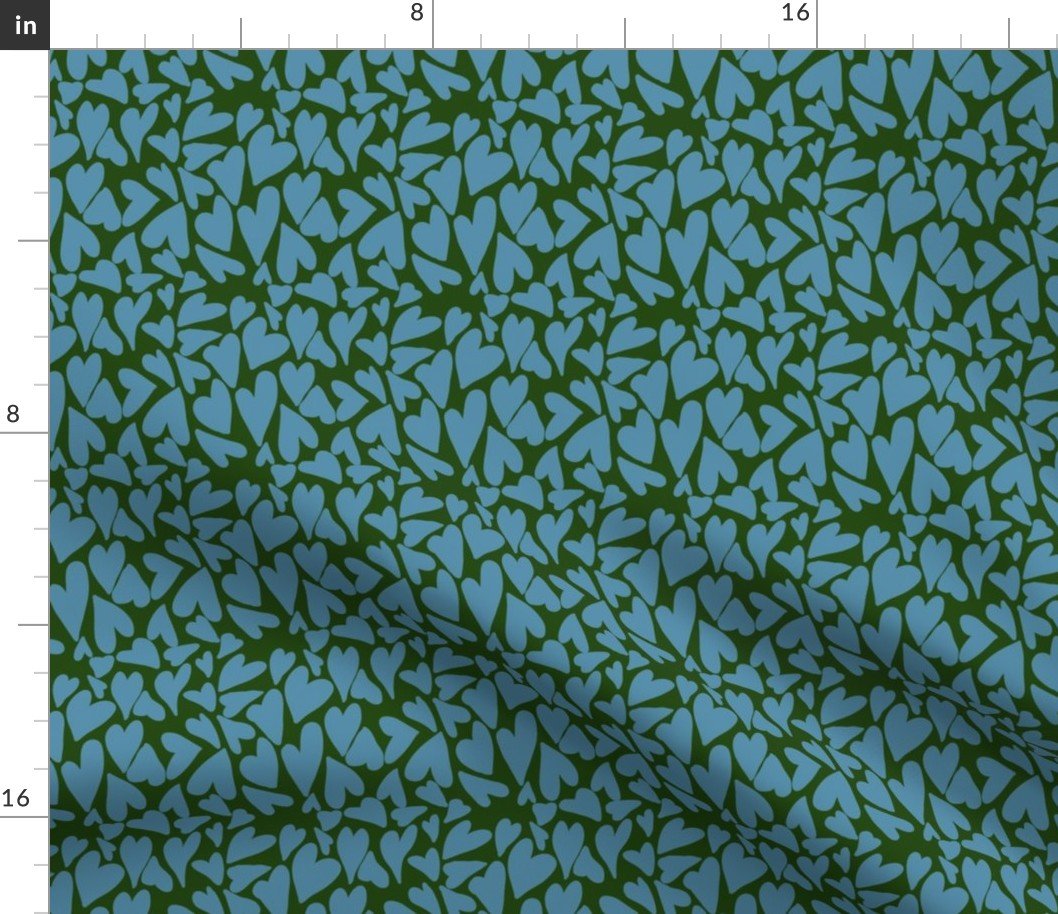 Crazy Small Hearts in Blue on Evergreen Fabric Crazy Small Hearts in Blue on Evergreen Fabric