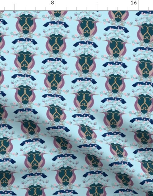 Crest with Cranes in Lavender Blue on Blue Fabric
