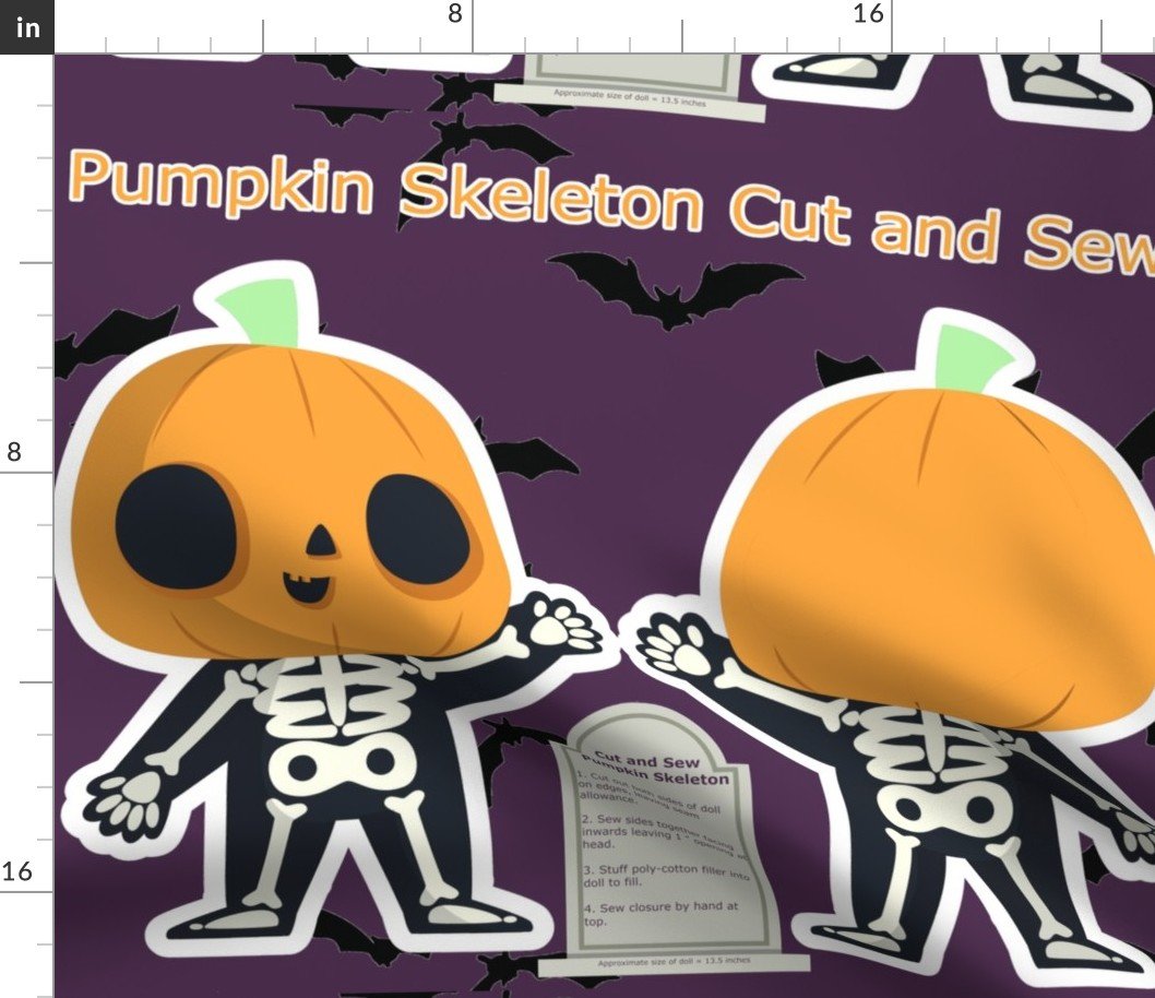 Cut and Sew Halloween Orange Pumpkin Skeleton Doll Project Fabric Cut and Sew Halloween Orange Pumpkin Skeleton Doll Project Fabric