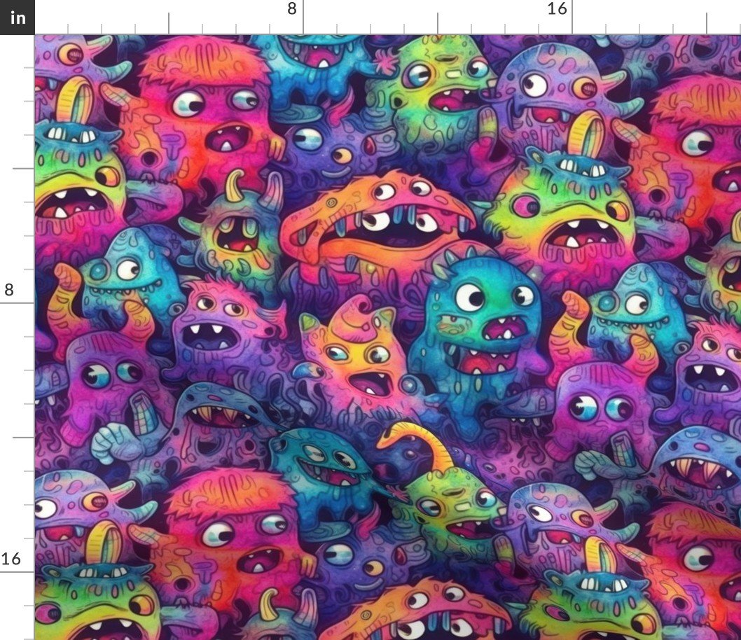 Cute Halloween Monster Watercolor Doodles in  Bright Colors Fabric