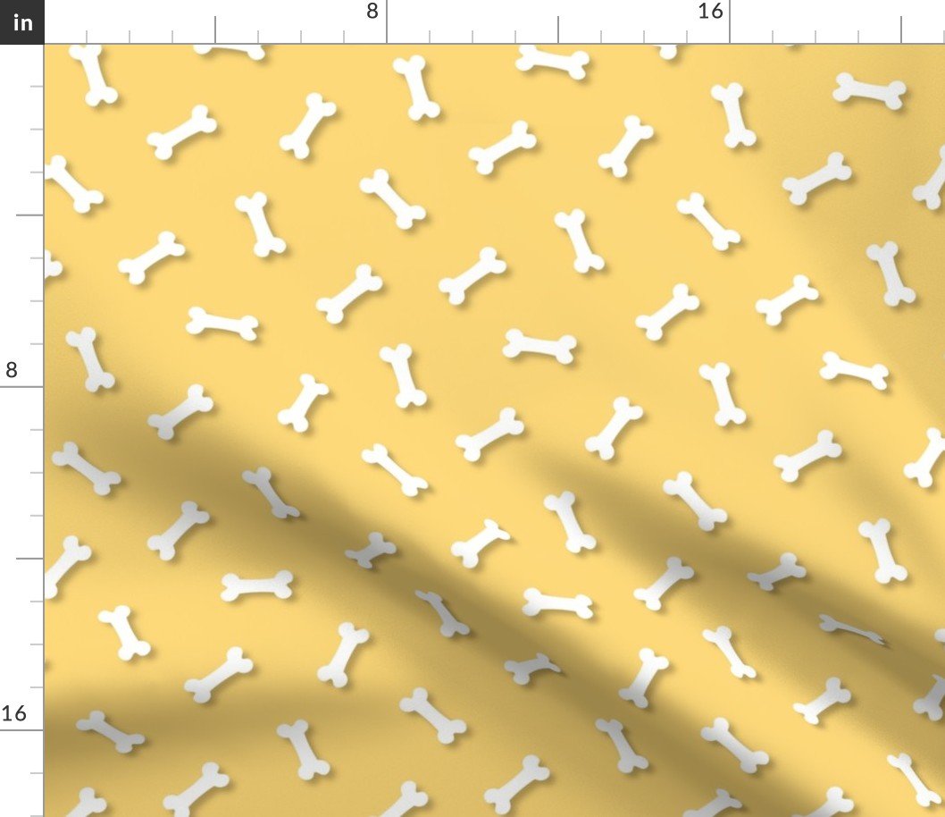 Cute White 3D Cartoon Dog Bones On Buttercup Background Fabric Cute White 3D Cartoon Dog Bones On Buttercup Background Fabric