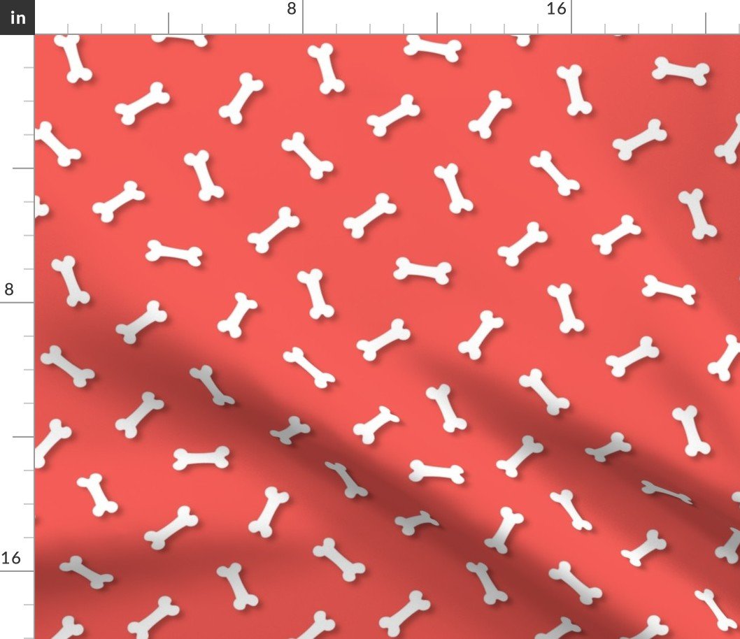 Cute White 3D  Cartoon Dog Bones On Coral Background Fabric