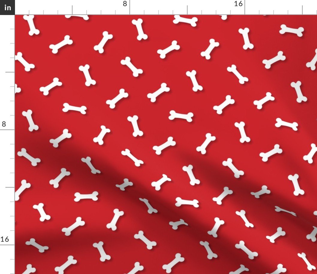 Cute White 3D Cartoon Dog Bones On Poppy Red Background Fabric Cute White 3D Cartoon Dog Bones On Poppy Red Background Fabric