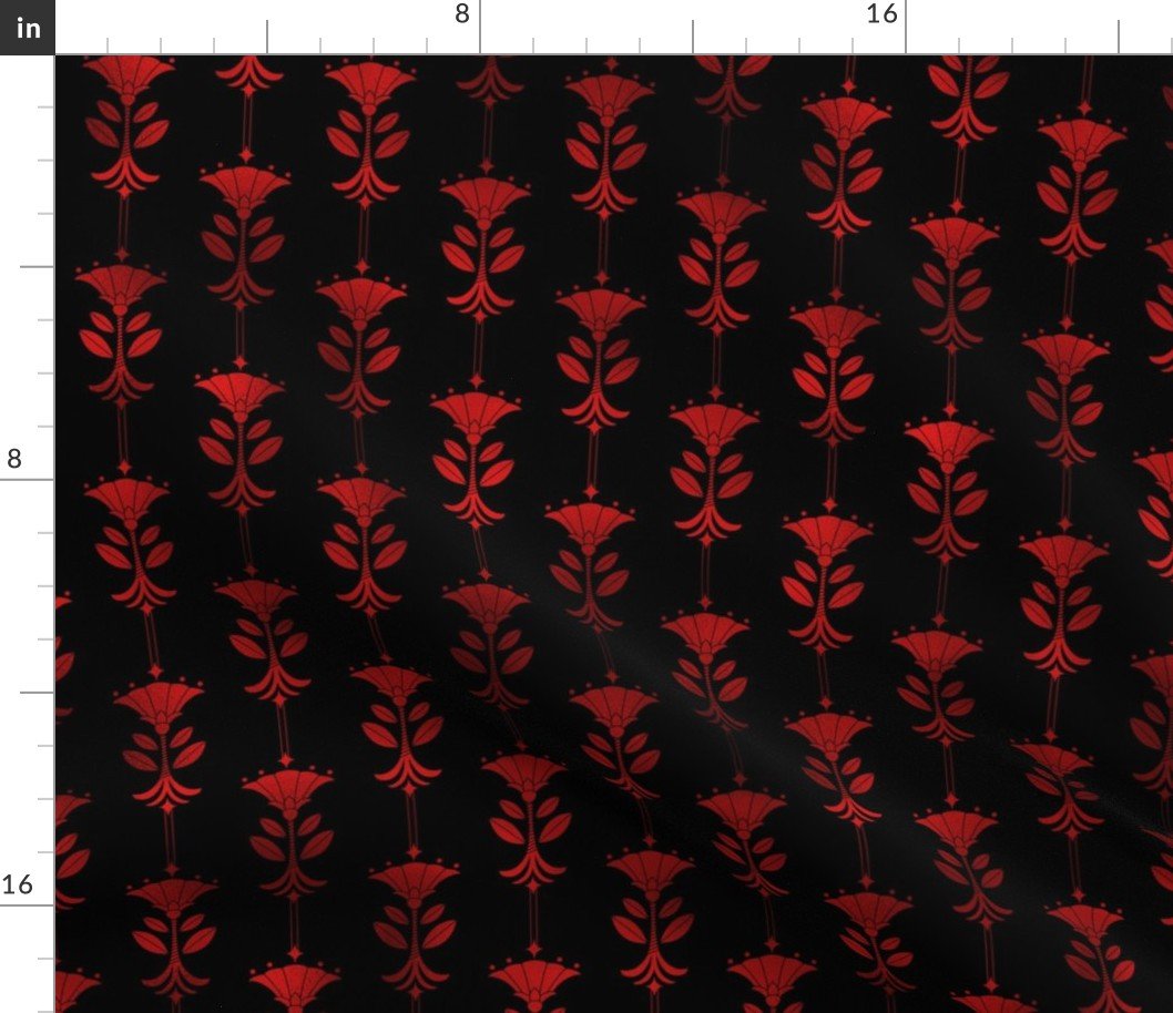 Damask Motifs in Black and Ruby Red Vintage Faux Foil Art Deco Vintage Foil Pattern Fabric