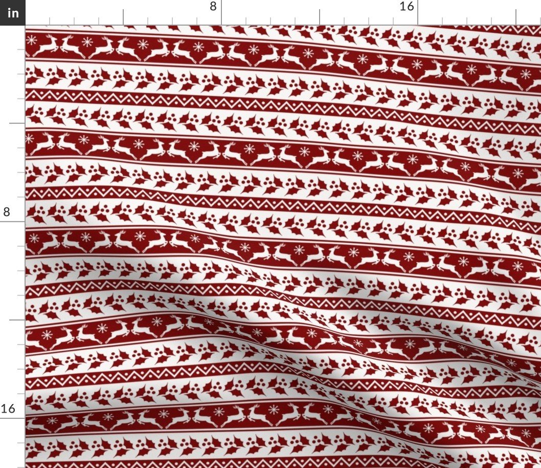 Dark Christmas Candy Apple Red Nordic Reindeer Stripe in White Fabric