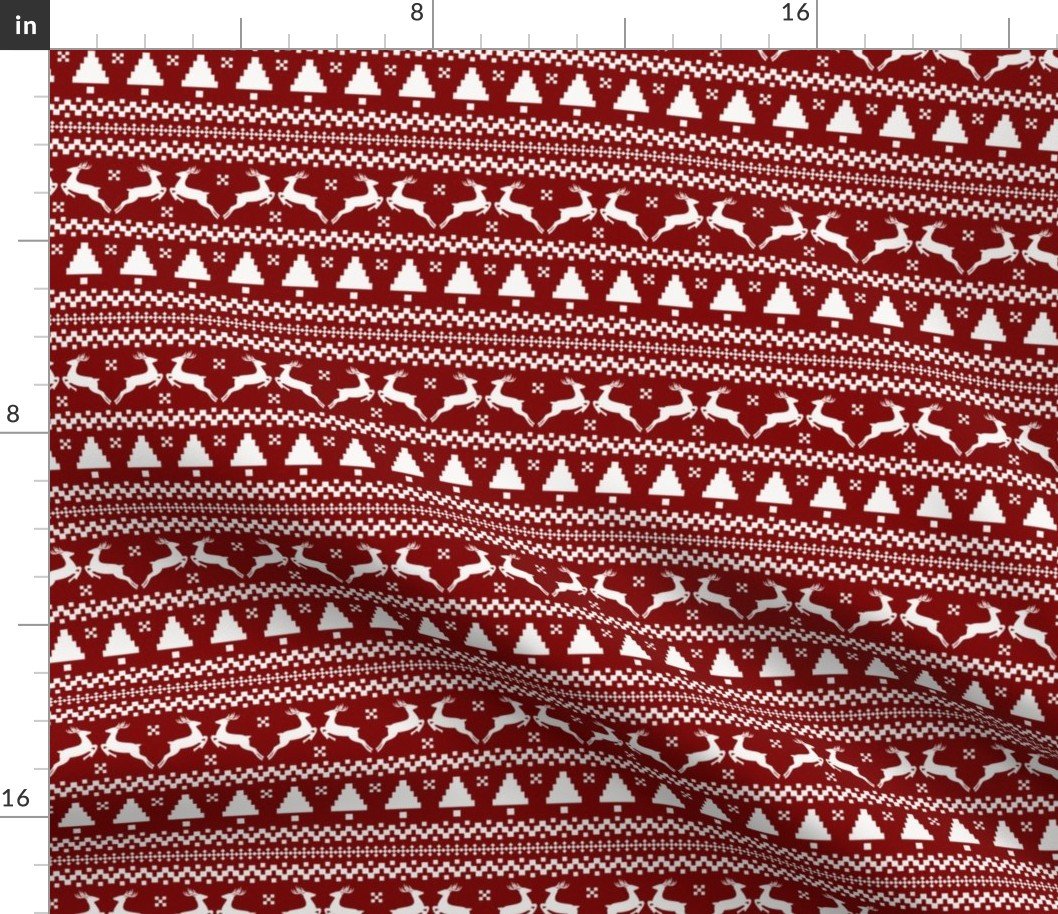 Dark Christmas Candy Apple Red Nordic Reindeer Stripe in White Fabric Dark Christmas Candy Apple Red Nordic Reindeer Stripe in White Fabric
