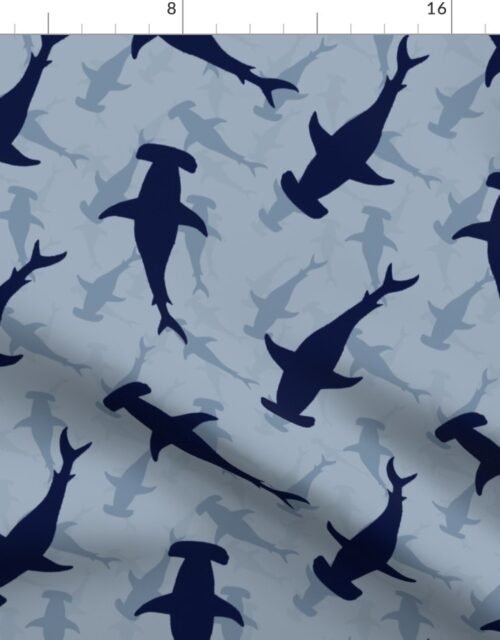 Dark Hammerhead Sharks Silhouette Circling  in Fog Blue Water Fabric