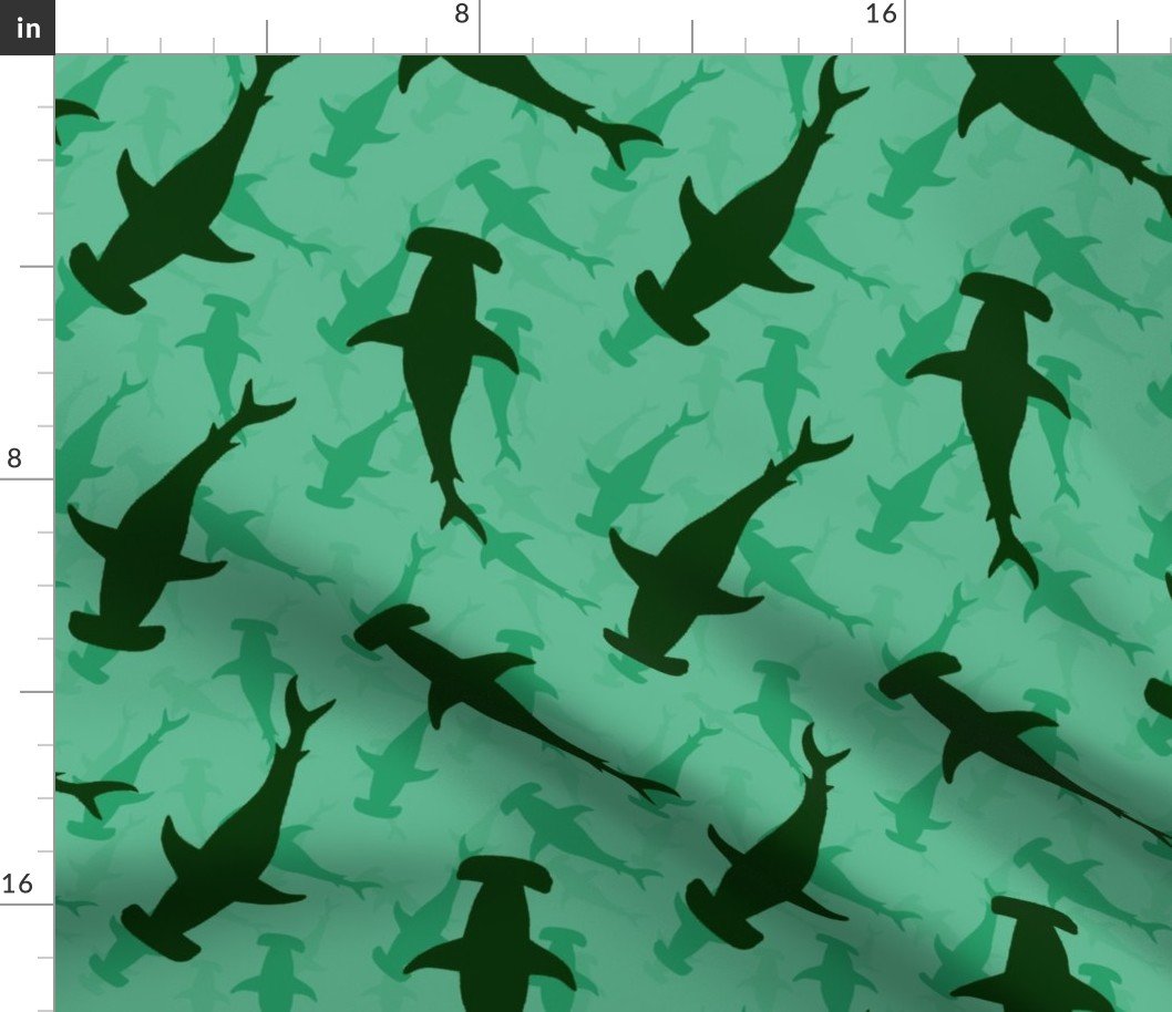 Dark Hammerhead Sharks Silhouette Circling in Jade Green Water Fabric Dark Hammerhead Sharks Silhouette Circling in Jade Green Water Fabric
