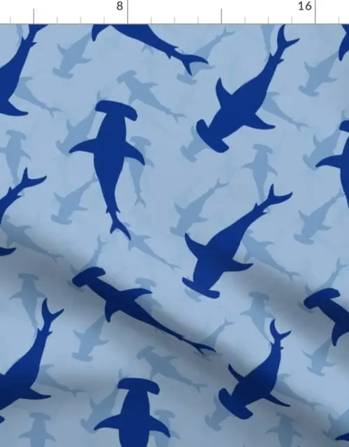 Dark Hammerhead Sharks Silhouette Circling  in Sky Blue Water Fabric