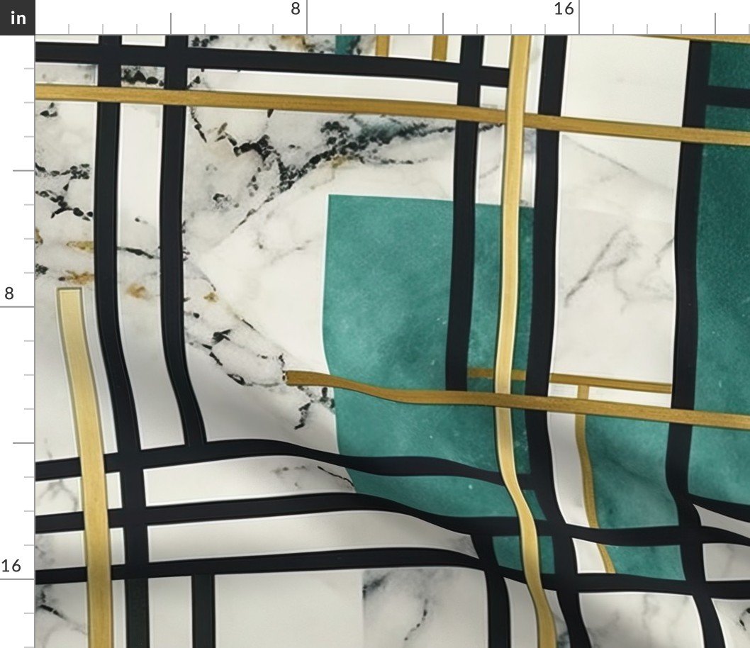 De_Stijl Geometric Art Deco Watercolor Pattern in Jade and Gold Fabric De_Stijl Geometric Art Deco Watercolor Pattern in Jade and Gold Fabric