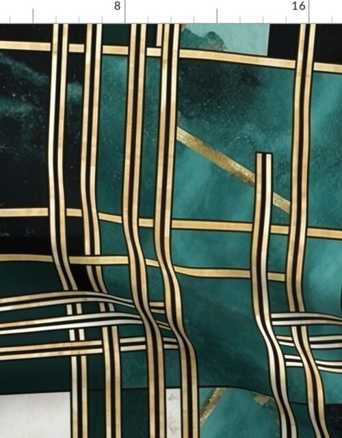 De_Stijl Geometric Art Deco Watercolor Pattern in Jade and Gold Fabric
