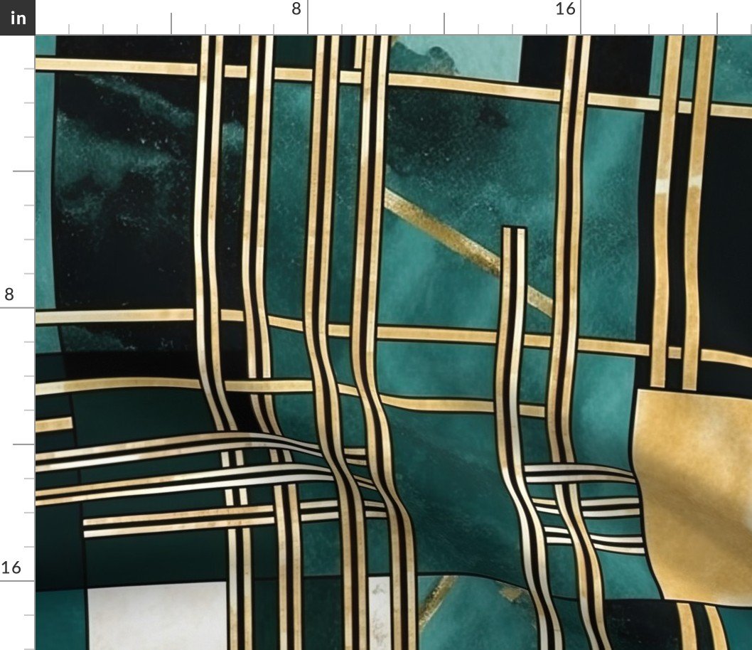 De_Stijl Geometric Art Deco Watercolor Pattern in Jade and Gold Fabric