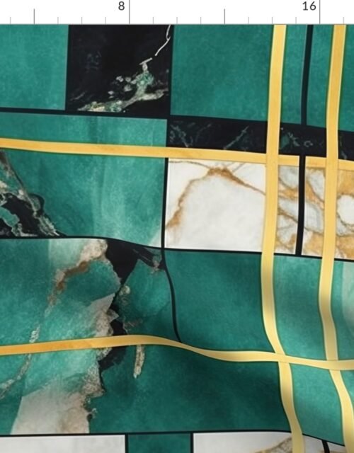 De_Stijl Geometric Art Deco Watercolor Pattern in Jade and Gold Fabric
