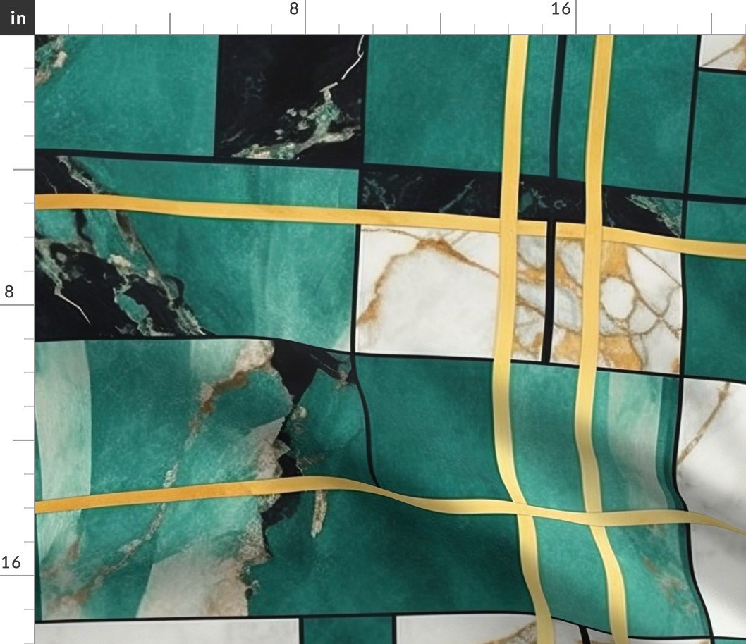 De_Stijl Geometric Art Deco Watercolor Pattern in Jade and Gold Fabric De_Stijl Geometric Art Deco Watercolor Pattern in Jade and Gold Fabric