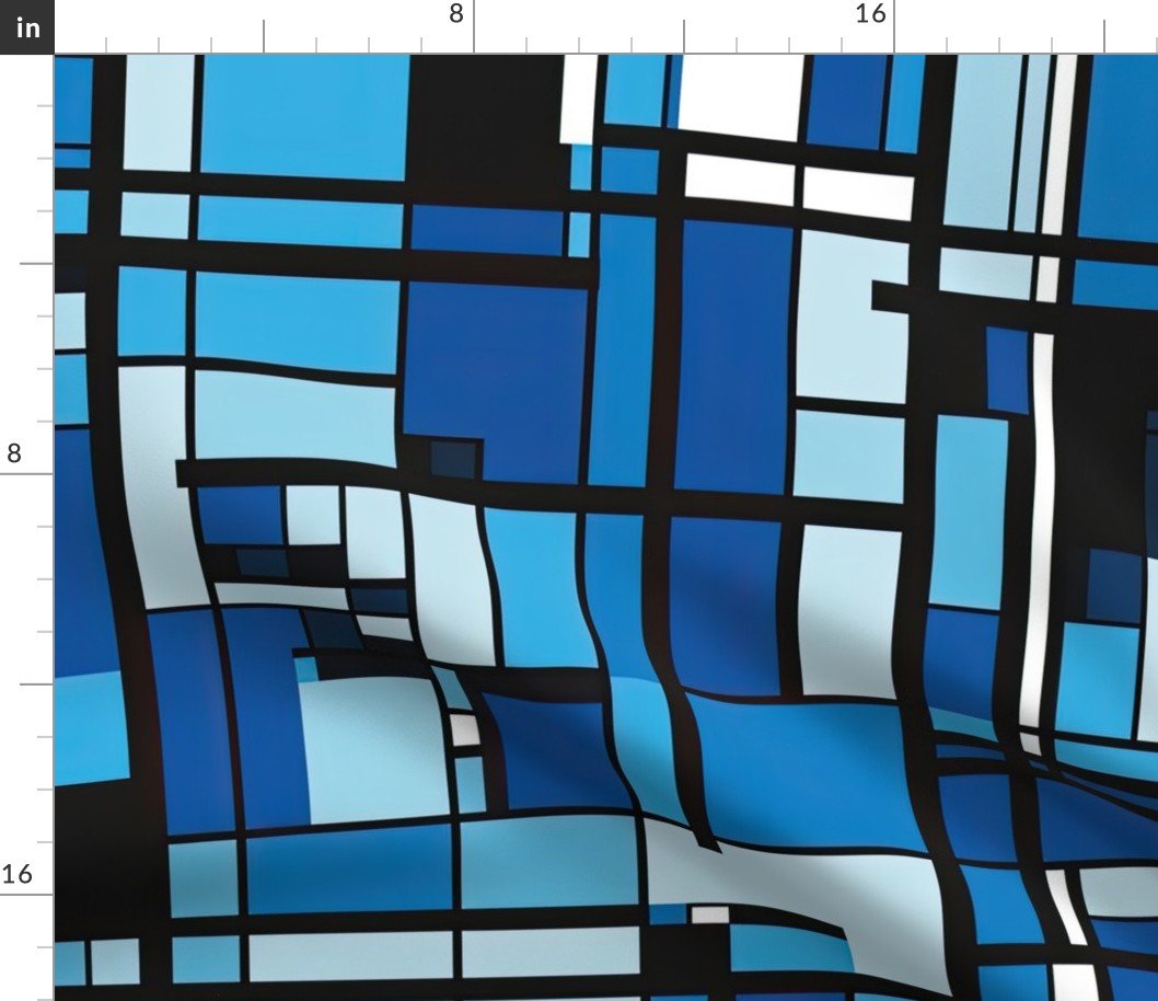 De Stijl Geometric Color Pattern in Blue Fabric De Stijl Geometric Color Pattern in Blue Fabric