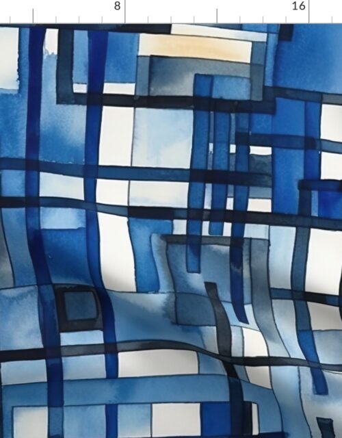 De_Stijl Geometric Primary Color Pattern in Blue Watercolor Fabric