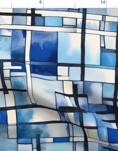 De_Stijl Geometric Primary Color Pattern in Blue Watercolor Fabric
